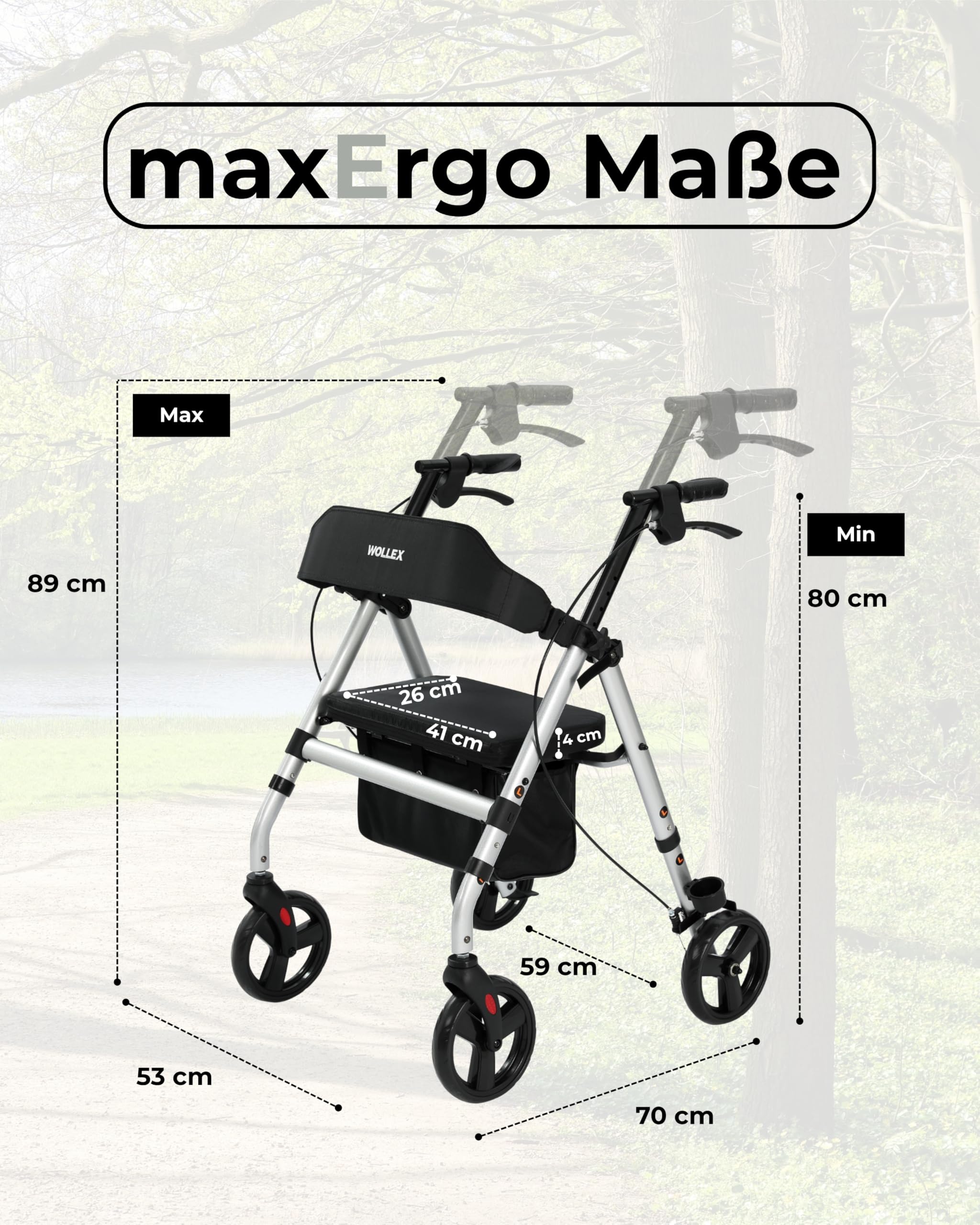 maxErgo Rollator Silber Gehhilfe mit Sitz 8 Zoll Räder