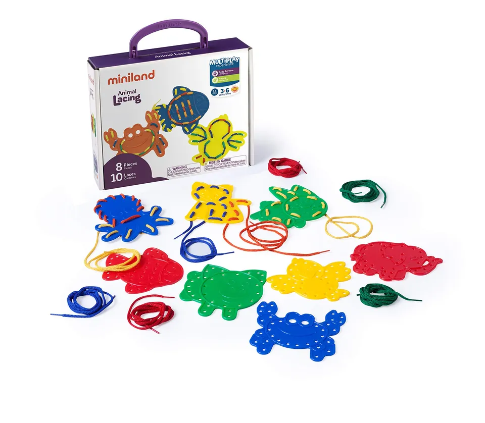 Miniland Animal Lacing Fädelspiel 8 Figuren 10 Schnüre