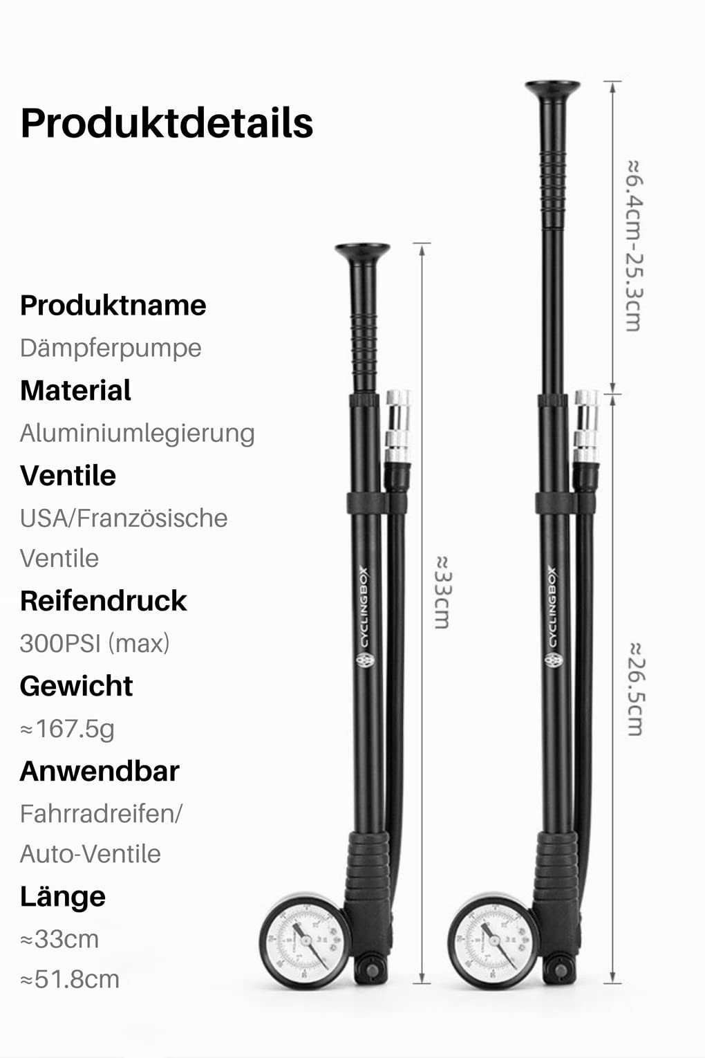 smartEC Fahrradpumpe Dämpferpumpe 300 PSI 20 Bar Schrader Presta
