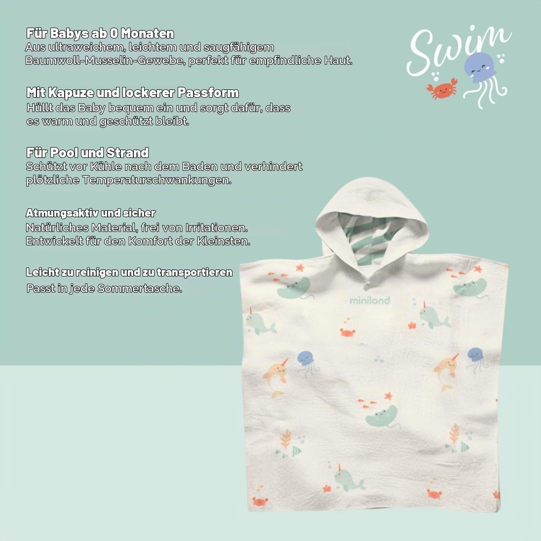 Miniland Care Baby Poncho Musselin Kapuze Badetuch