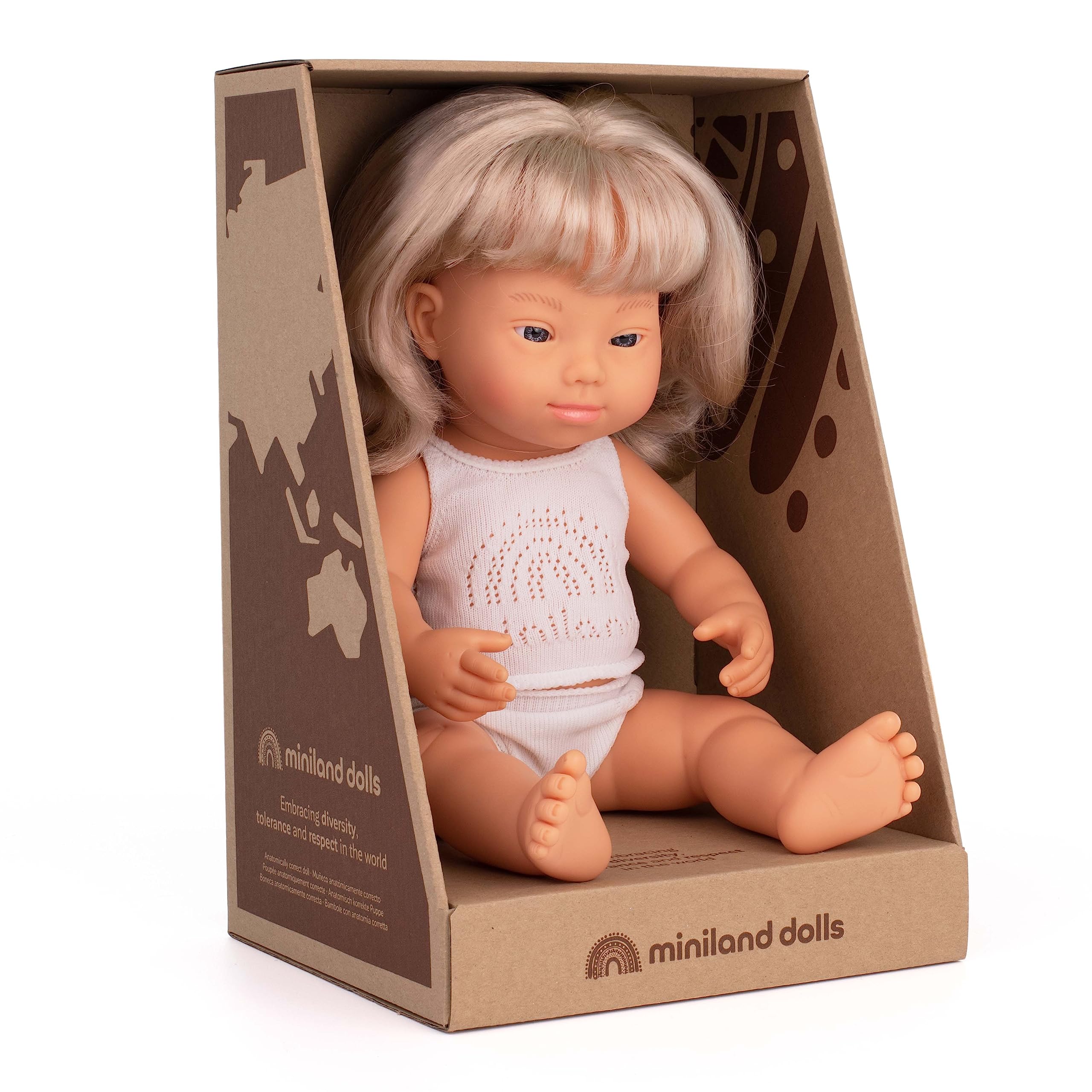 Miniland Dolls Babypuppe Mädchen 38cm Blond Down Syndrom Box