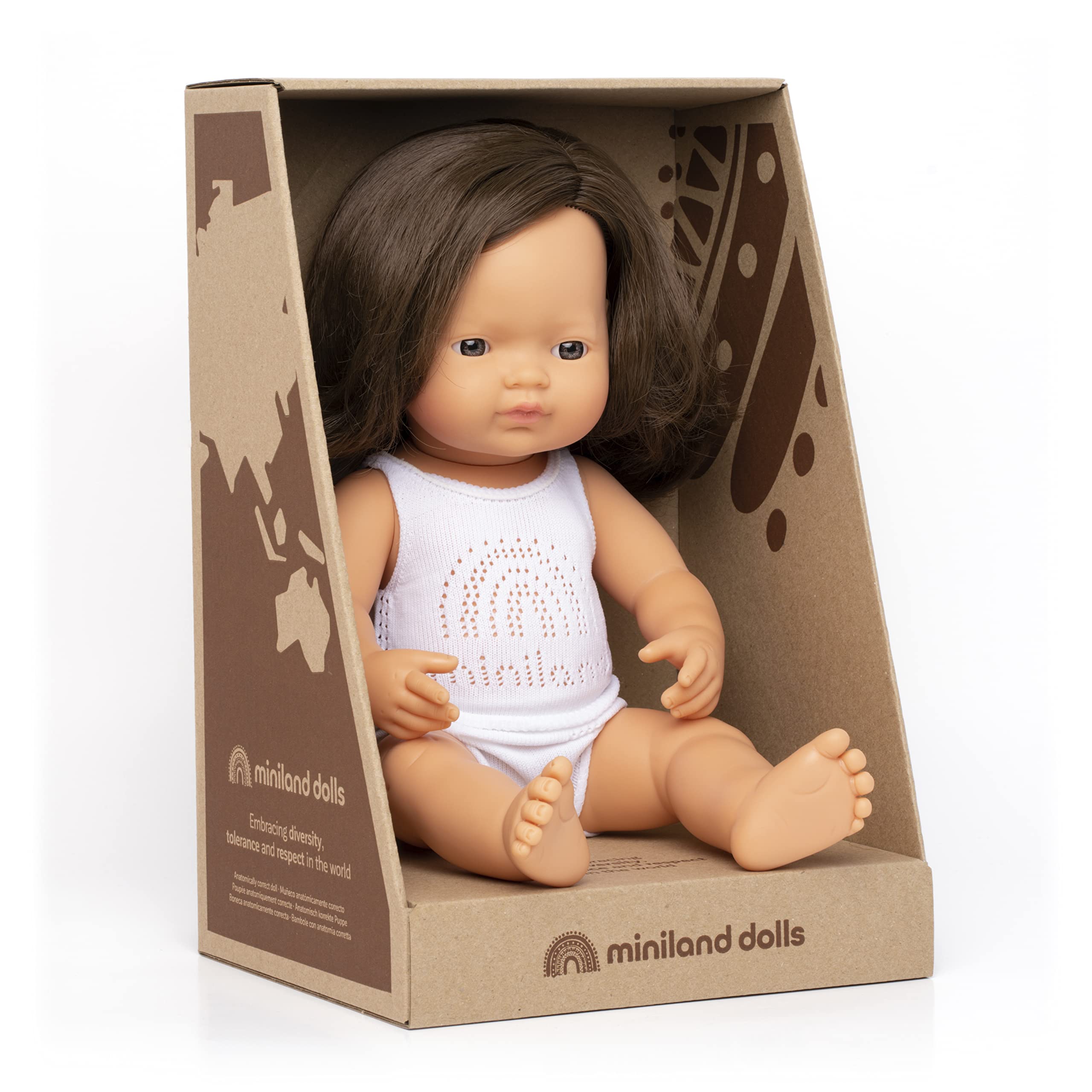 Miniland Babypuppe Braunhaariges Mädchen 38cm 31180 Vinyl