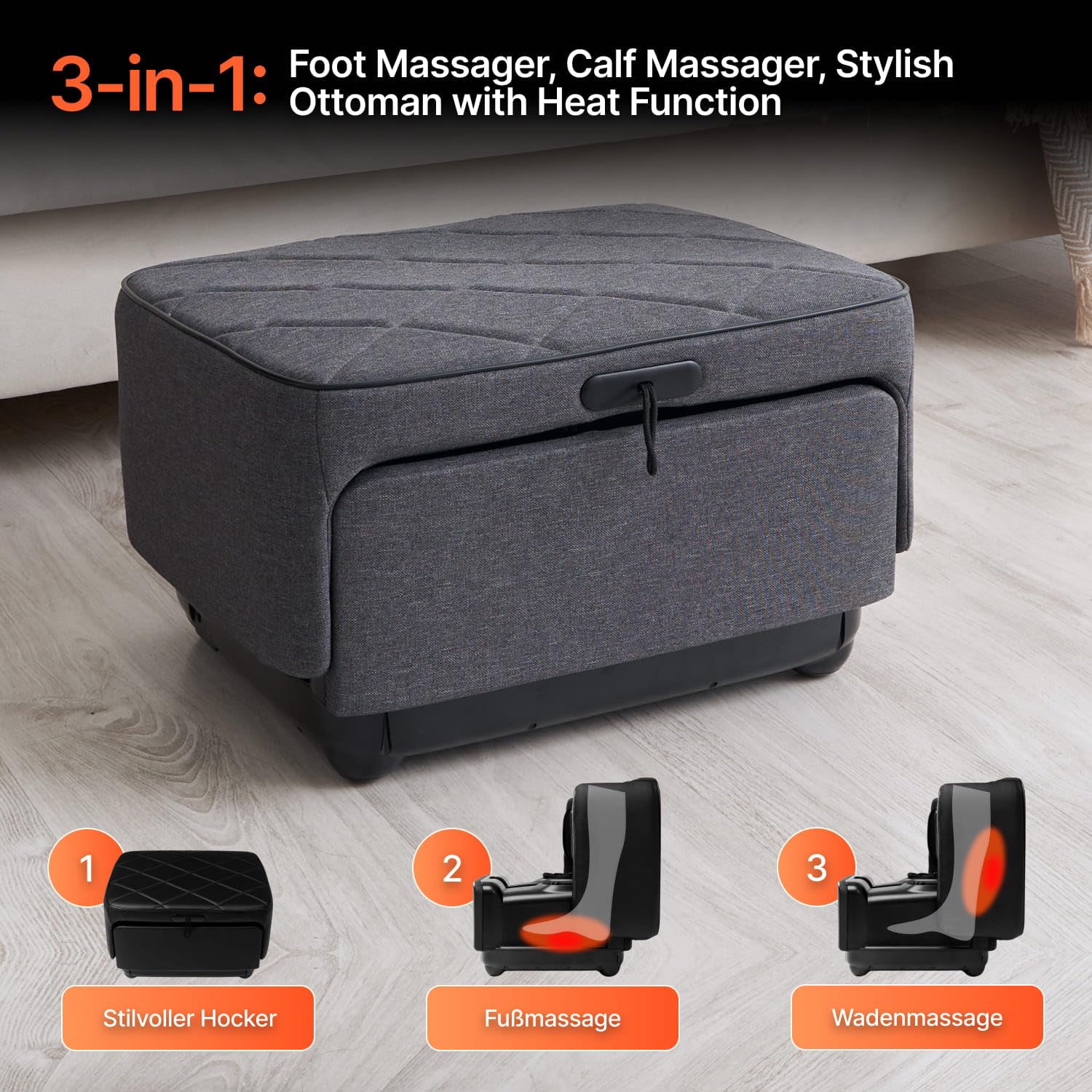 GESS PUF 3-in-1 Fußmassagegerät Shiatsu Wärme Grau