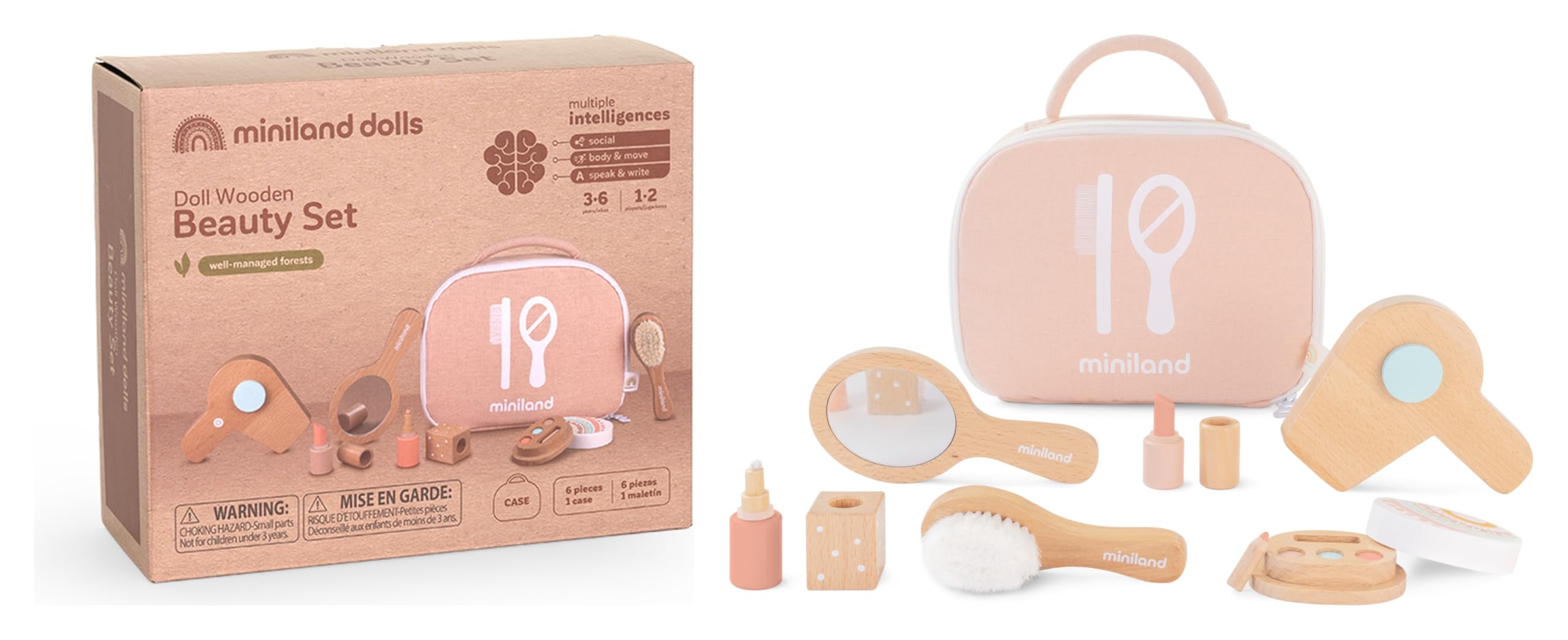 Miniland Dolls Schönheitsset Holz Puppenzubehör Koffer 7-teilig