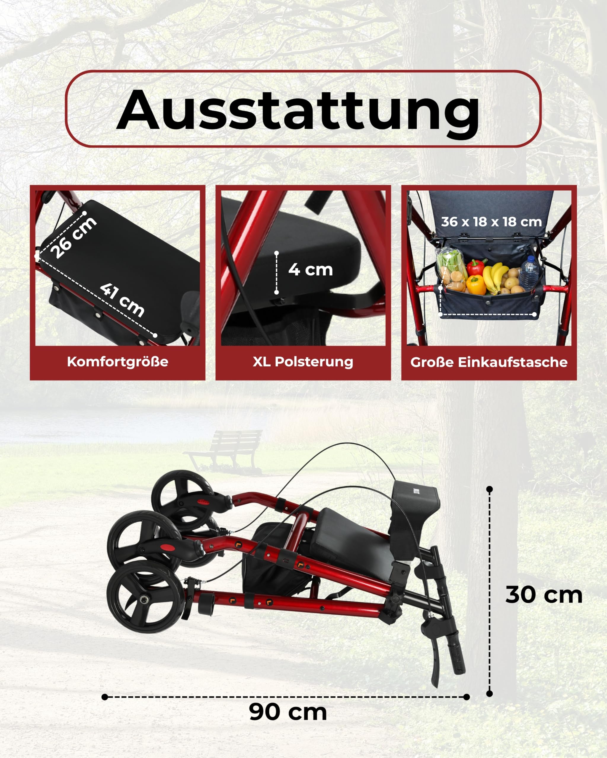 Wollex Rollator Rot faltbar Sitz 8 Zoll Einkaufstasche