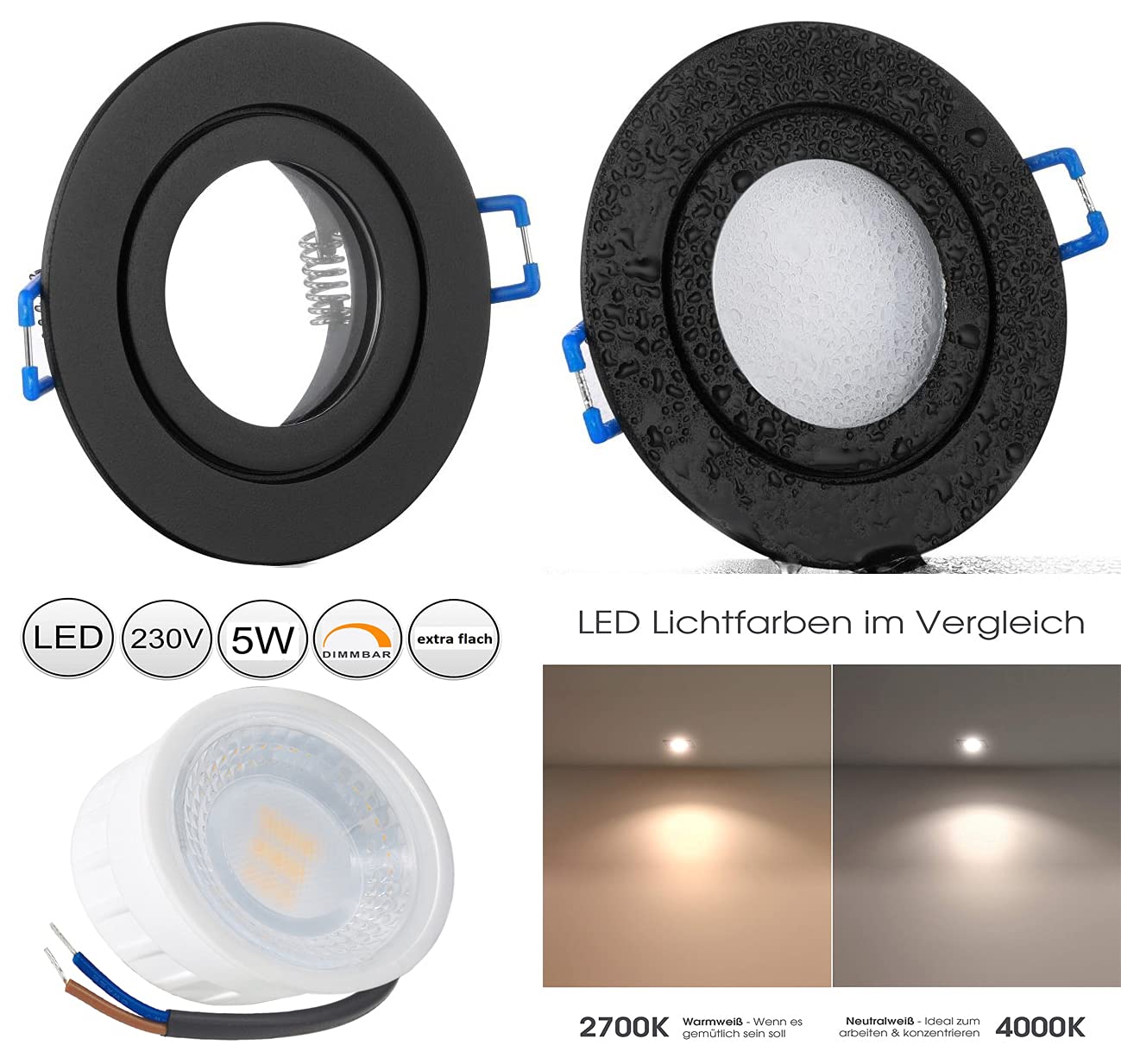 feinlux LED Einbaustrahler IP44 5W 230V Neutralweiß Schwarz