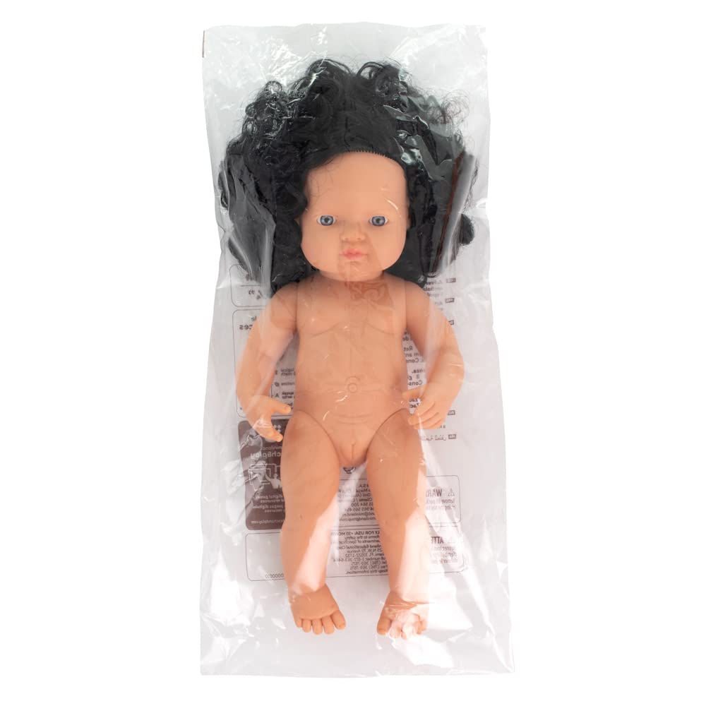 Miniland Dolls 31232 Babypuppe Mädchen 38 cm schwarze Locken Vinyl
