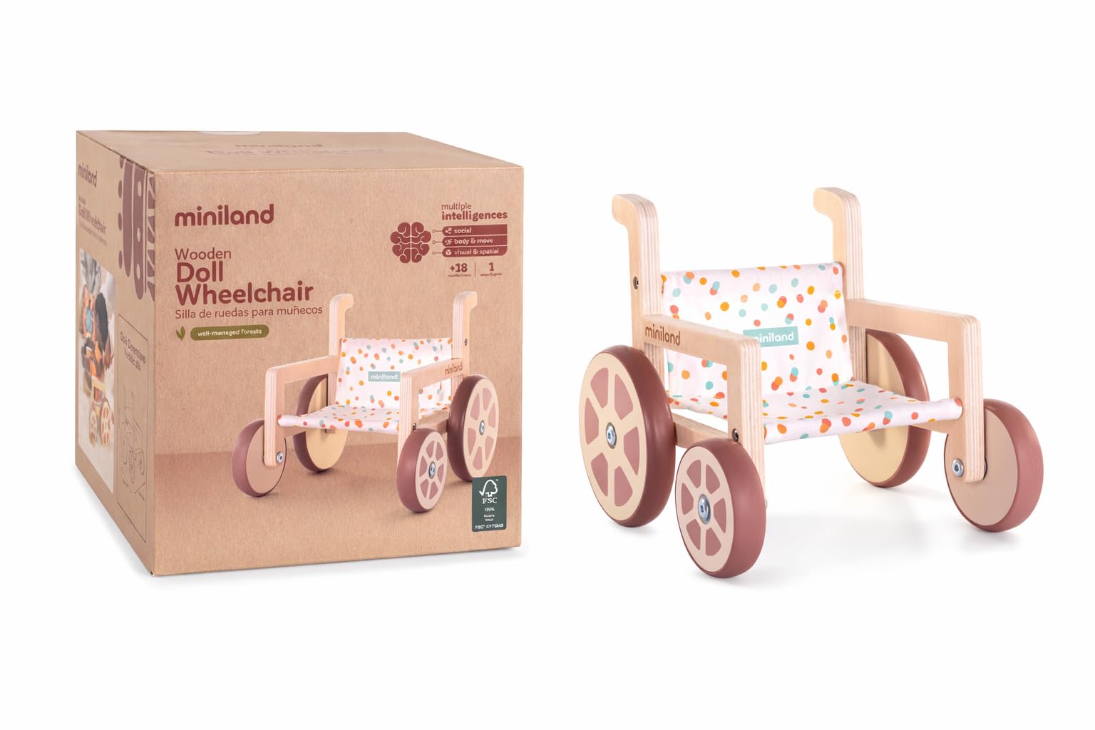 Miniland Rollstuhl für Puppen bis 38cm Holz