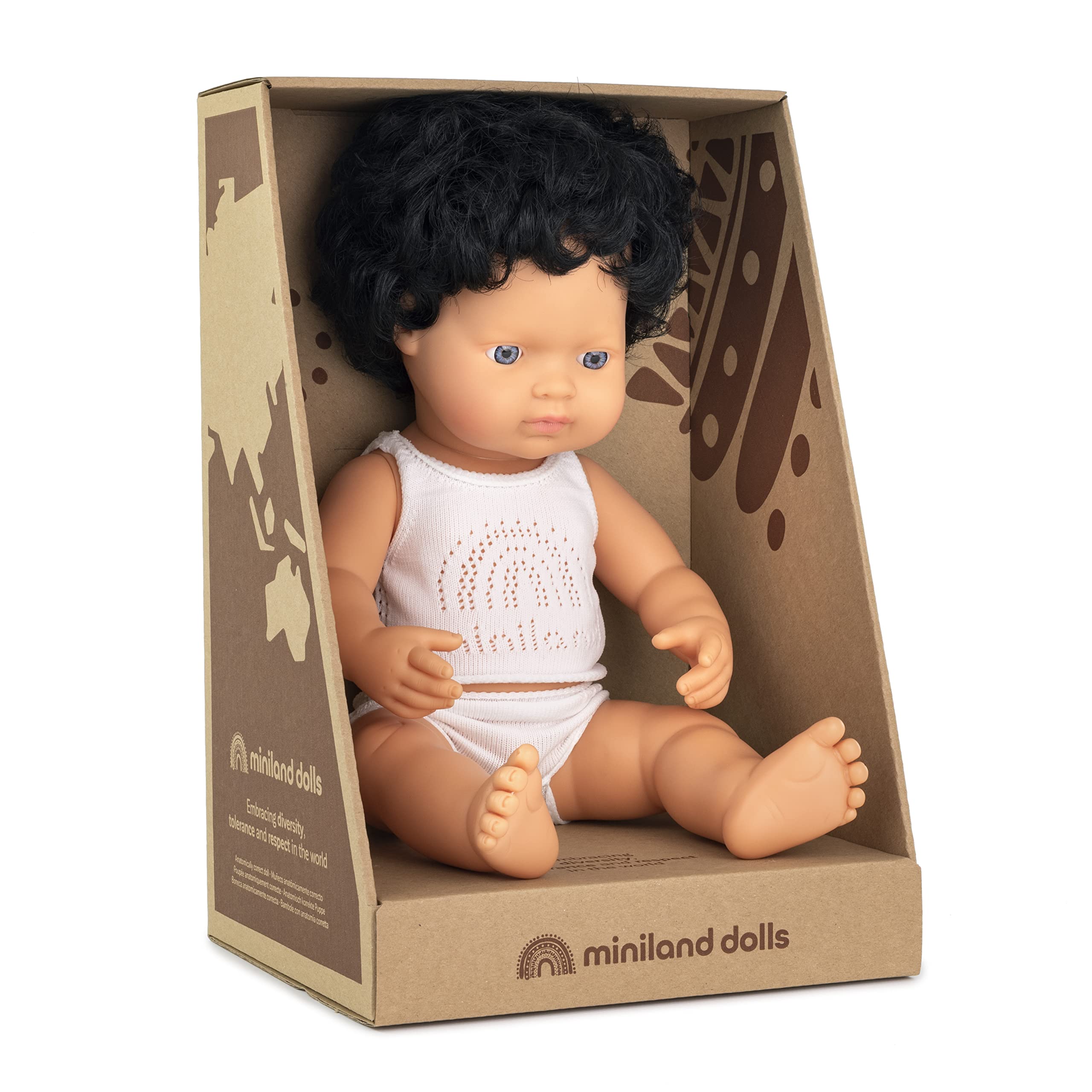 Miniland Dolls Babypuppe Junge 38 cm europäisch schwarze Locken