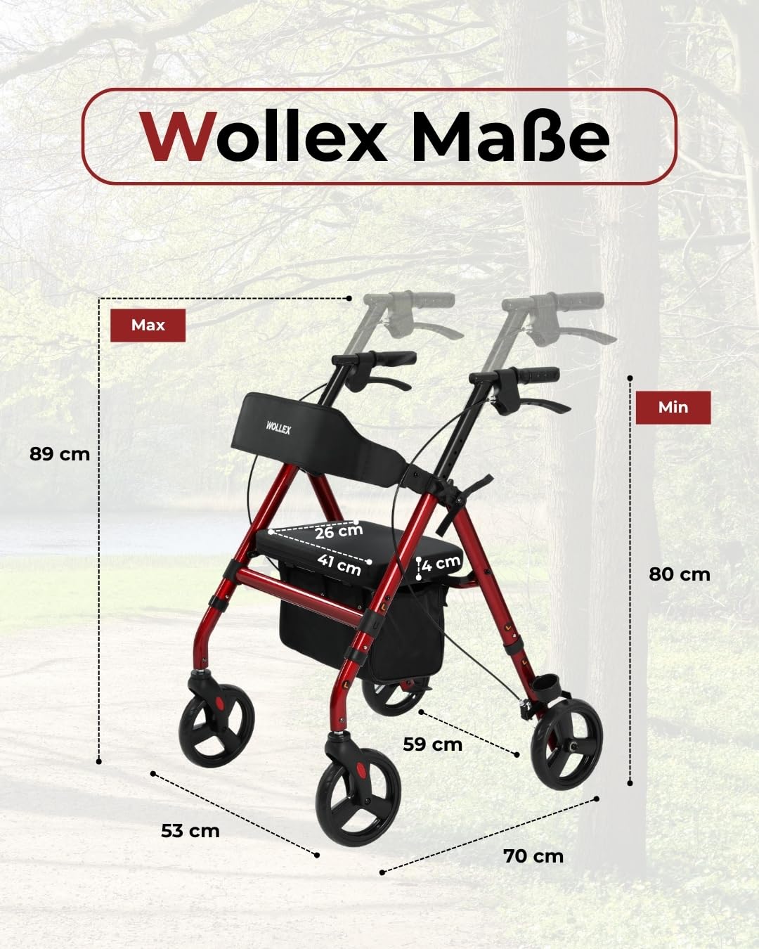 Wollex Rollator Rot faltbar Sitz 8 Zoll Einkaufstasche
