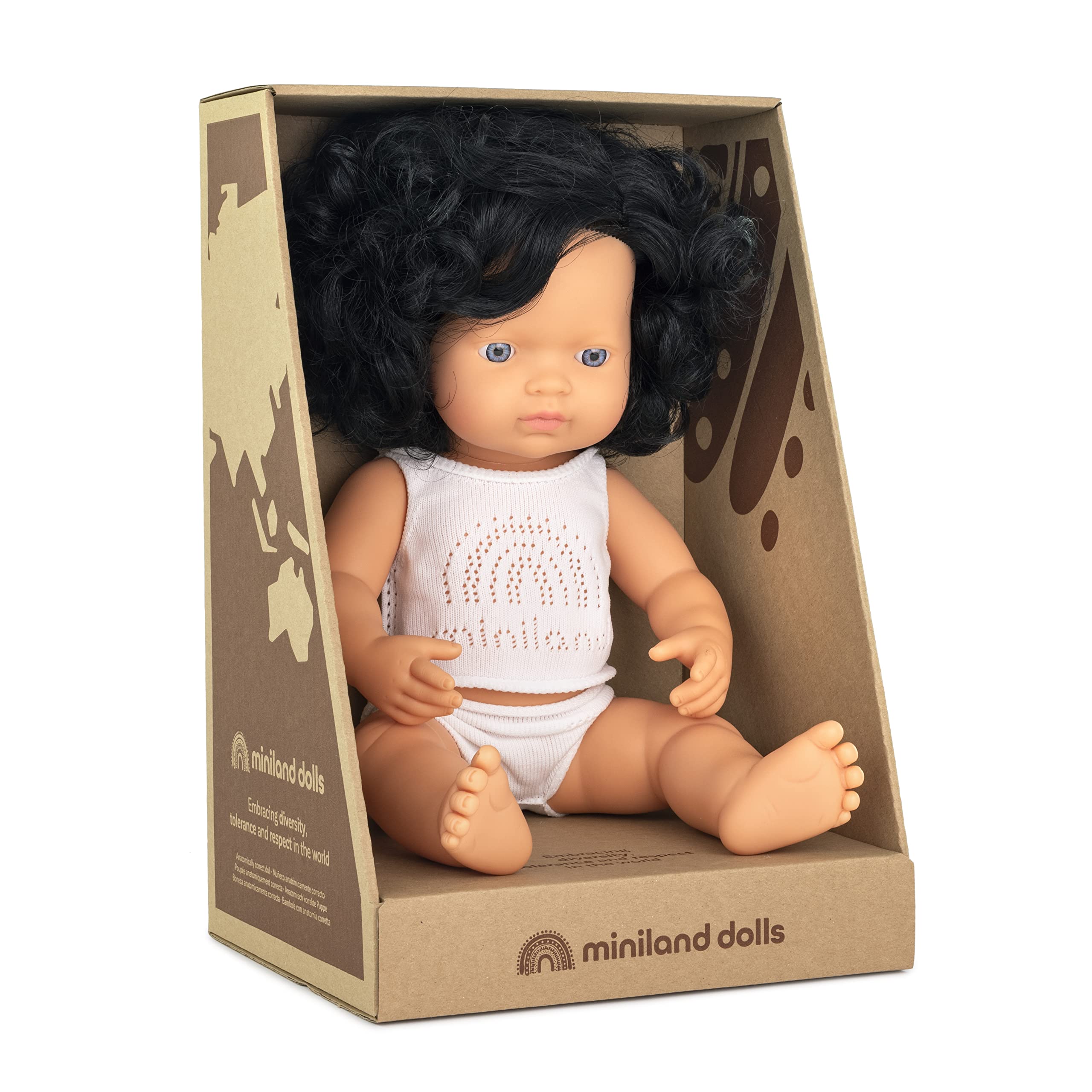 Miniland Dolls Babypuppe Mädchen 38cm schwarze Locken Vinyl
