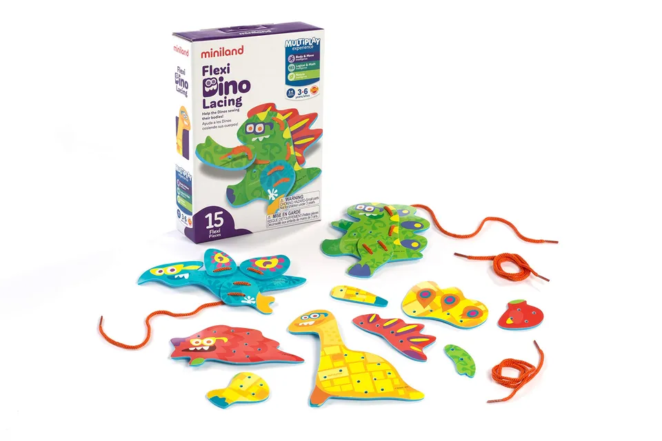Miniland Fädelspiel Flexi Dino Schnürung Set 14-teilig