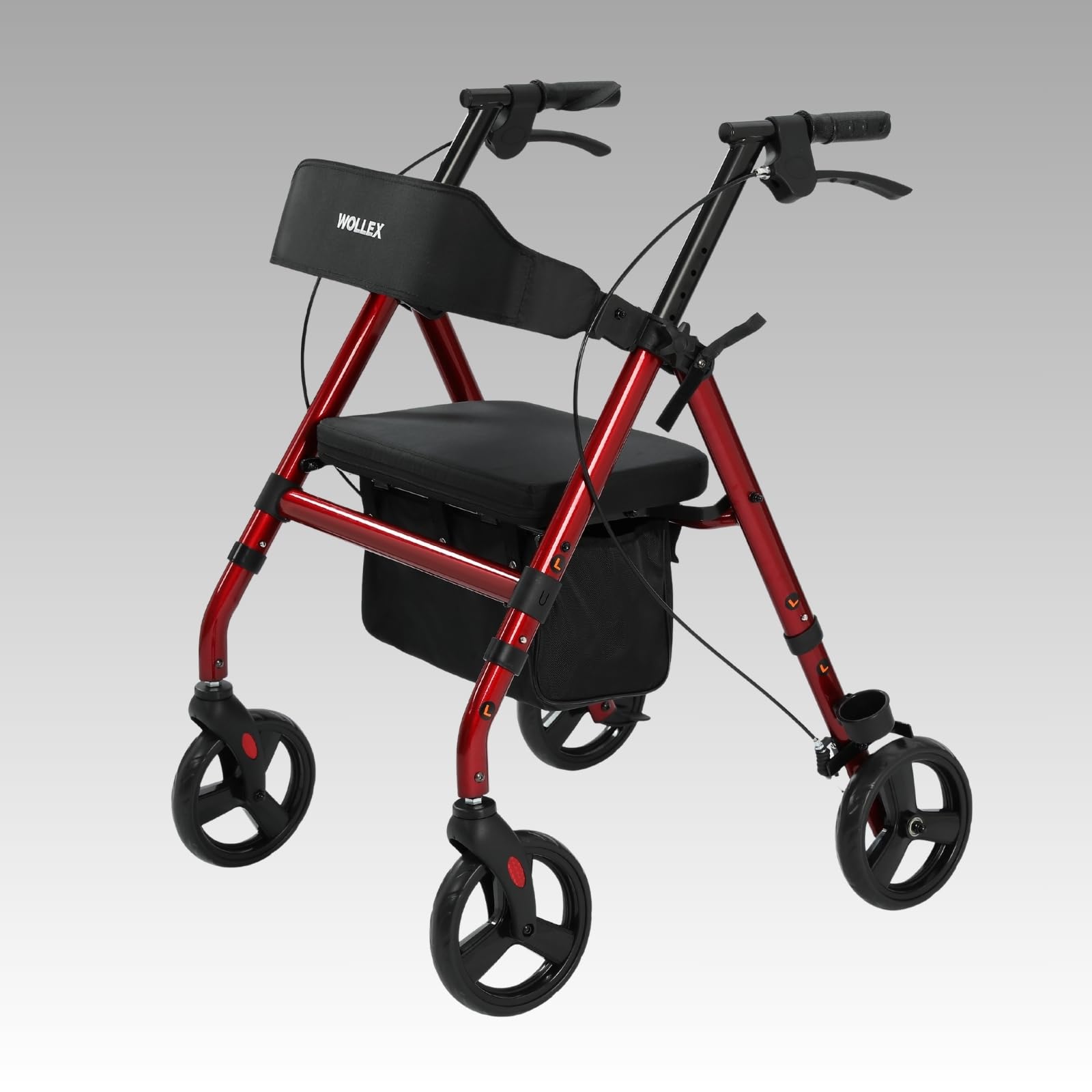 Wollex Rollator Rot faltbar Sitz 8 Zoll Einkaufstasche