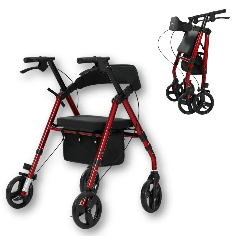 Wollex Rollator Rot faltbar Sitz 8 Zoll Einkaufstasche