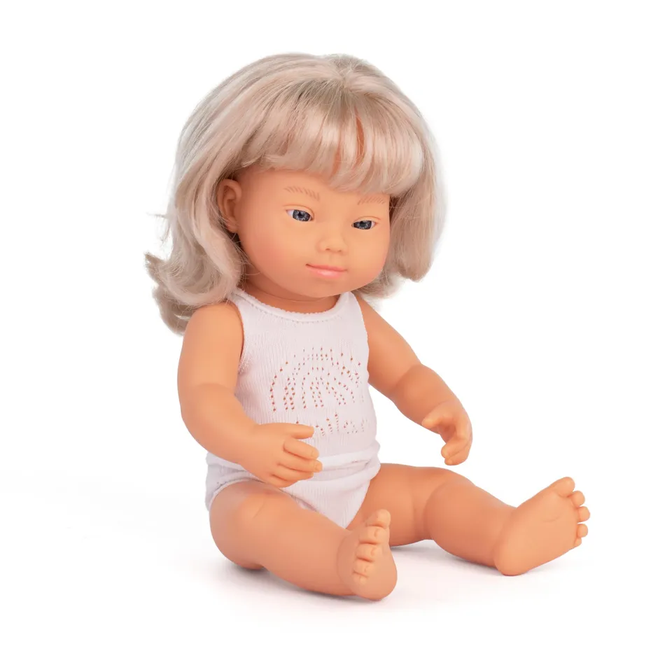 Miniland Dolls Babypuppe Mädchen 38cm Blond Down Syndrom Box