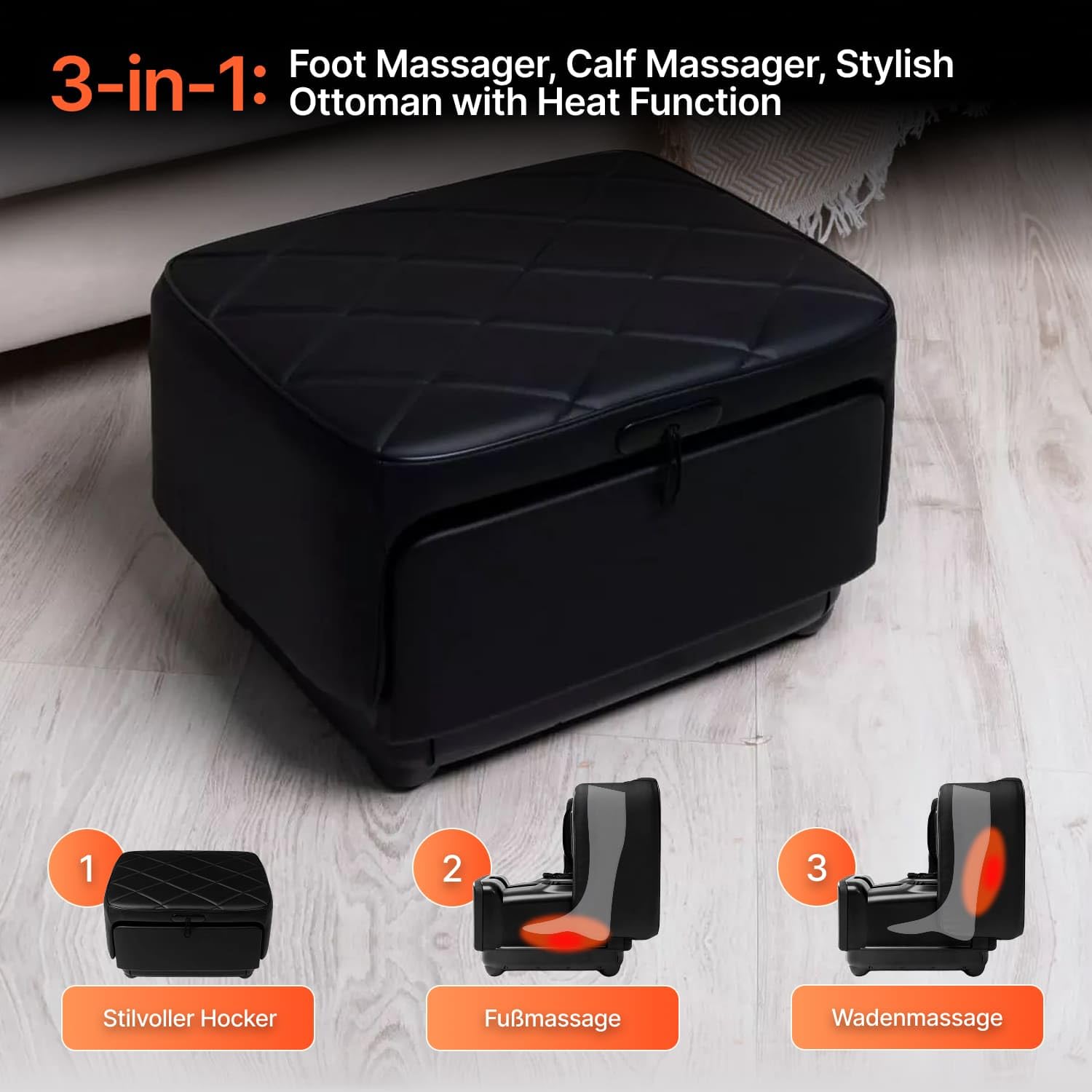 GESS PUF 3-in-1 Fußmassagegerät Shiatsu Wärme Schwarz