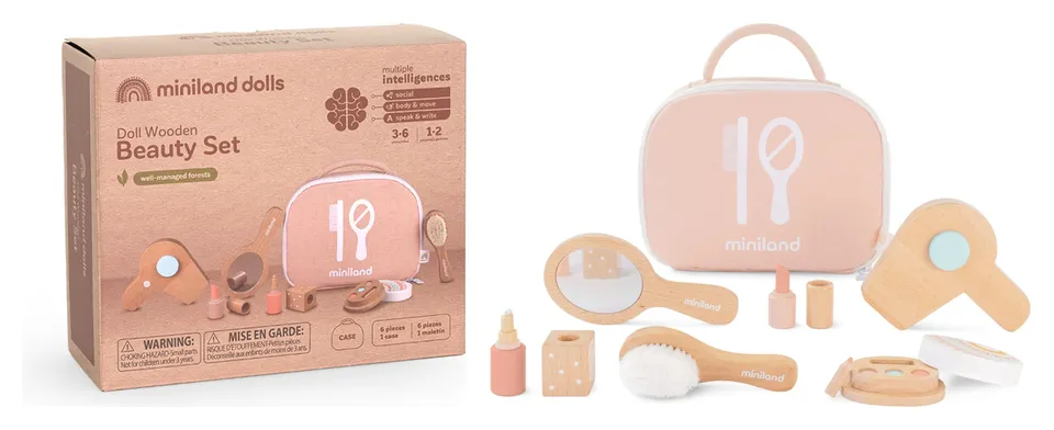 Miniland Dolls Schönheitsset Holz Puppenzubehör Koffer 7-teilig