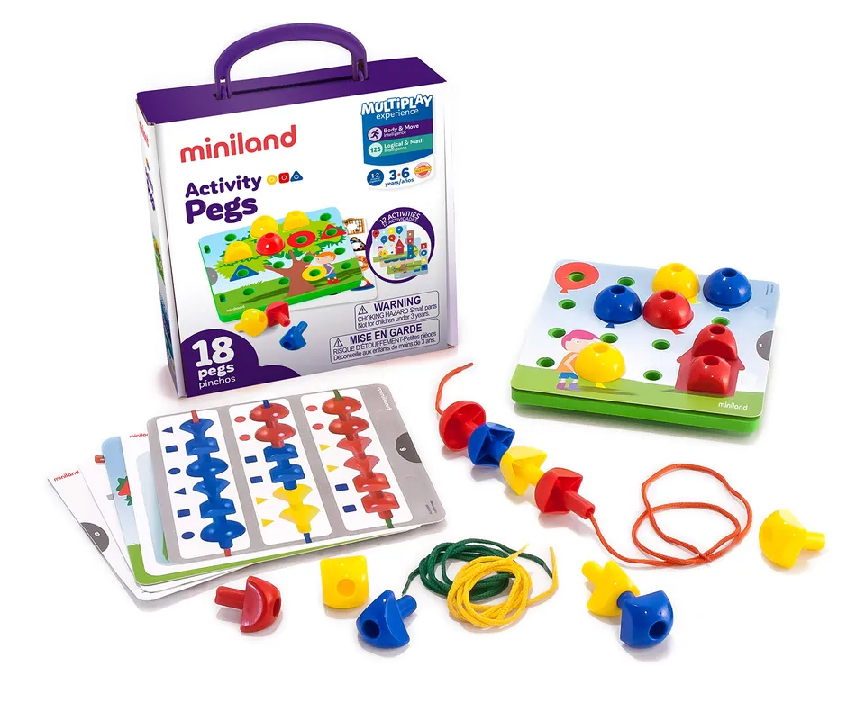 Miniland 31787 Activity Pegs Steckspiel Koffer 34 Teile