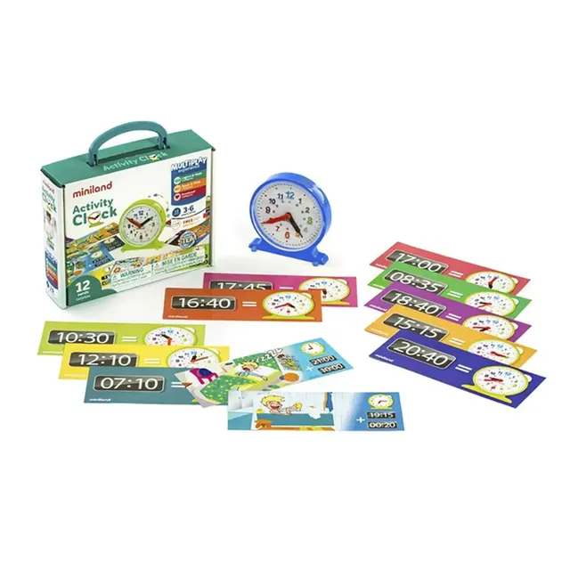 Miniland Activity Clock Lernuhr mit 12 Karten Koffer